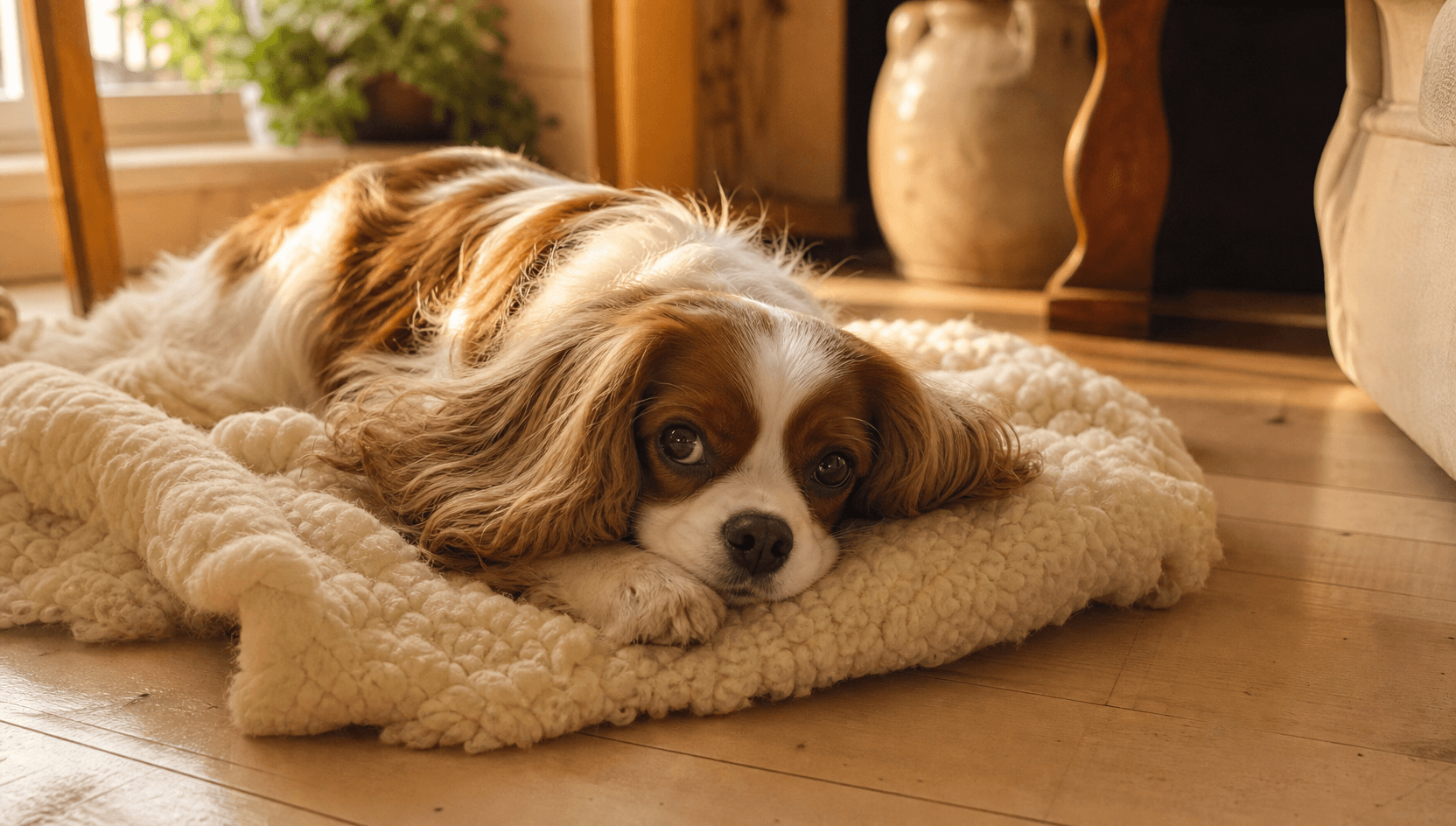 Hund vilar lugnt hemma efter ögonkirurgi och eftervård.