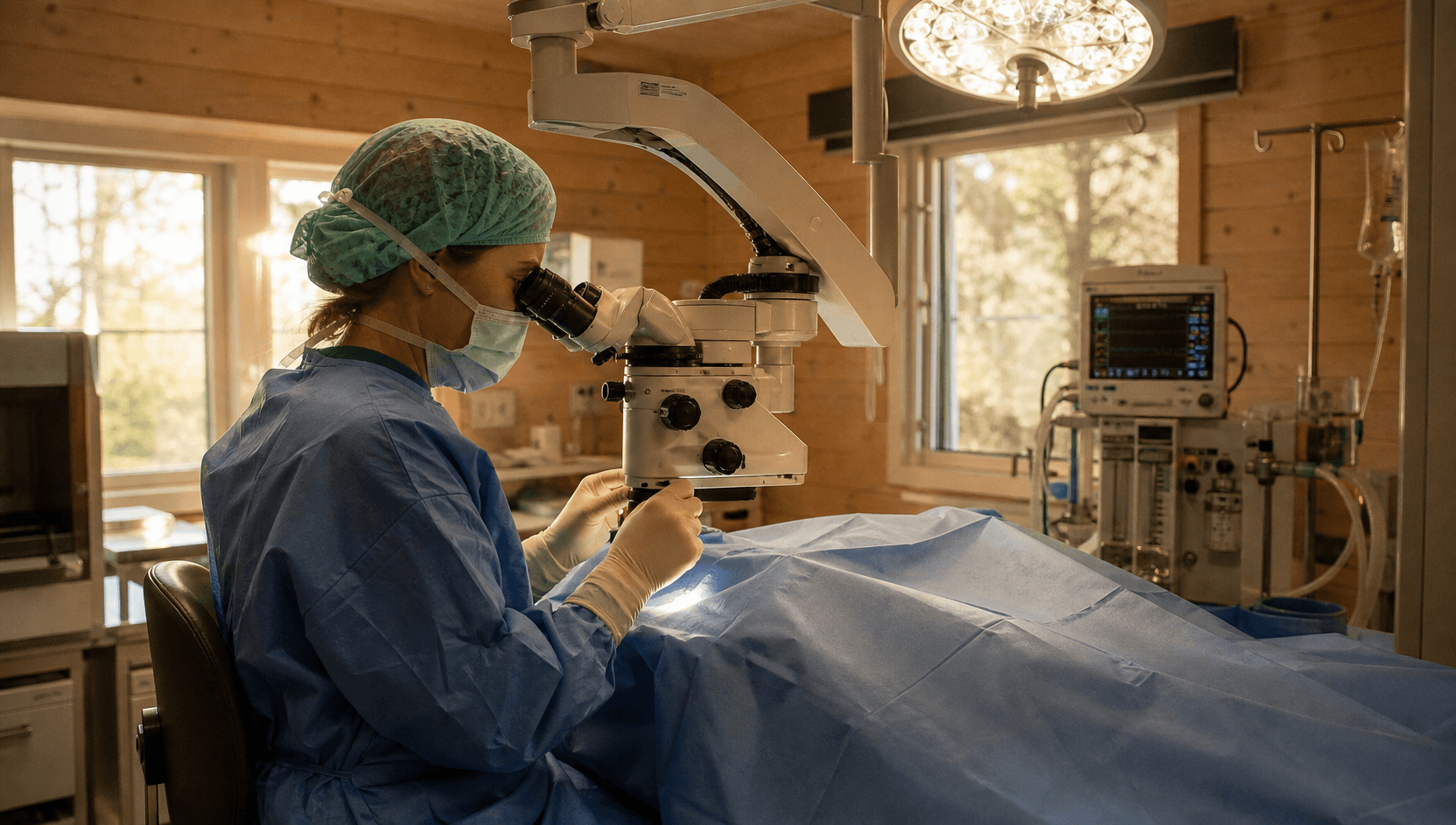 Veterinär arbetar vid operationsmikroskop under lugn ögonkirurgi för djur.