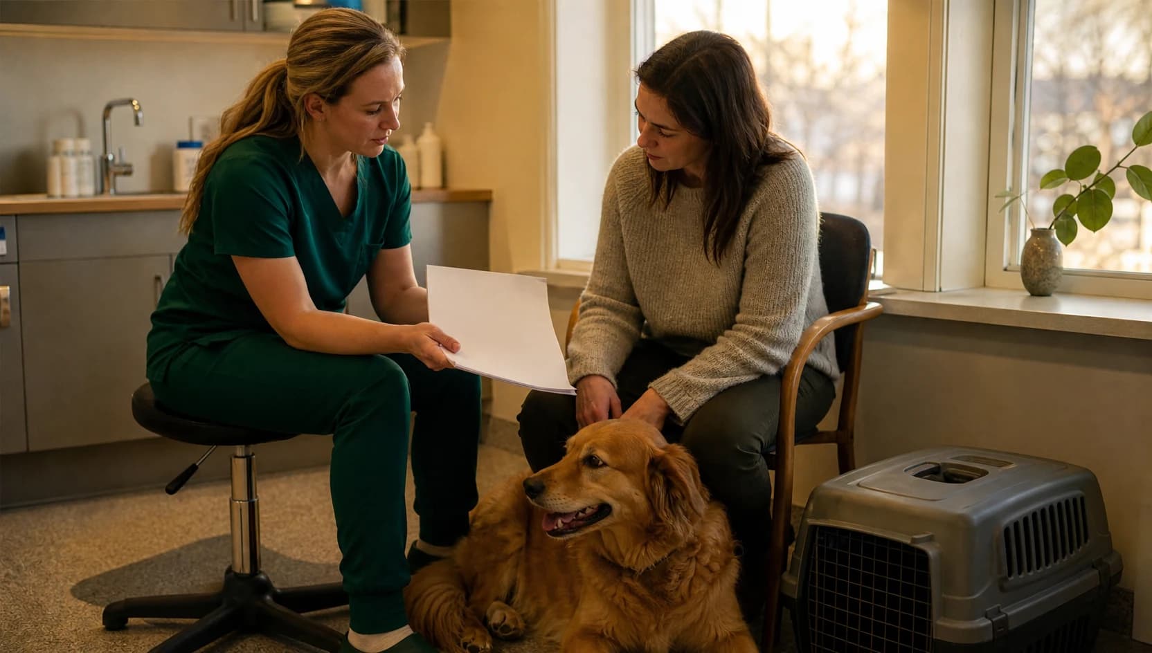 Veterinär i mörkgröna skrubbar förklarar pris och vårdnivå inför ögonkirurgi för djur.