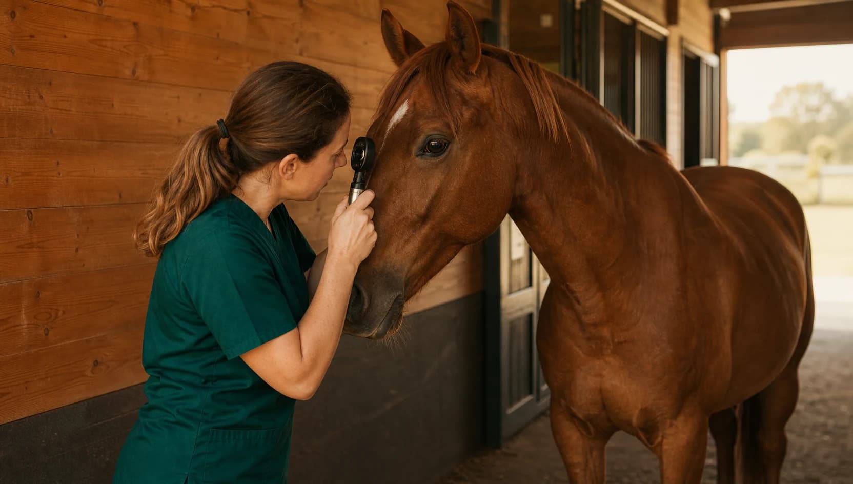 Hästveterinär undersöker hästens öga i ljus stallgång.