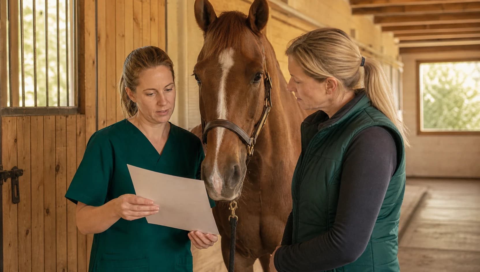 Hästveterinär i mörkgröna skrubbar förklarar pris och vårdnivå för ögonoperation häst.