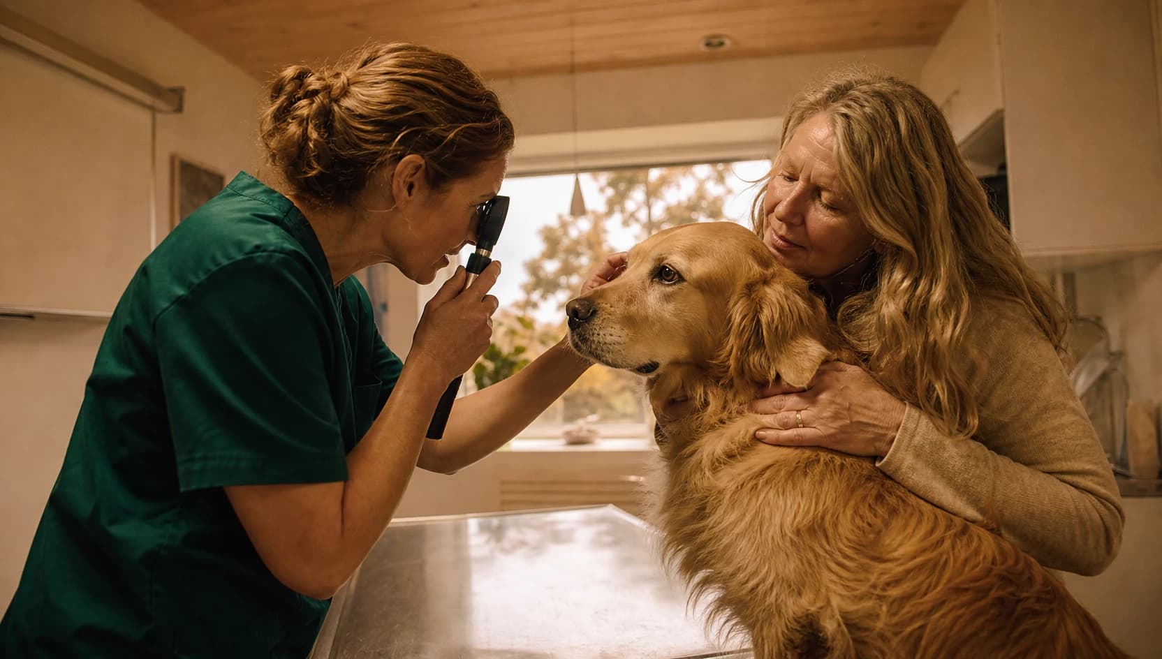 Veterinär undersöker hundens öga i varm svensk klinikmiljö.