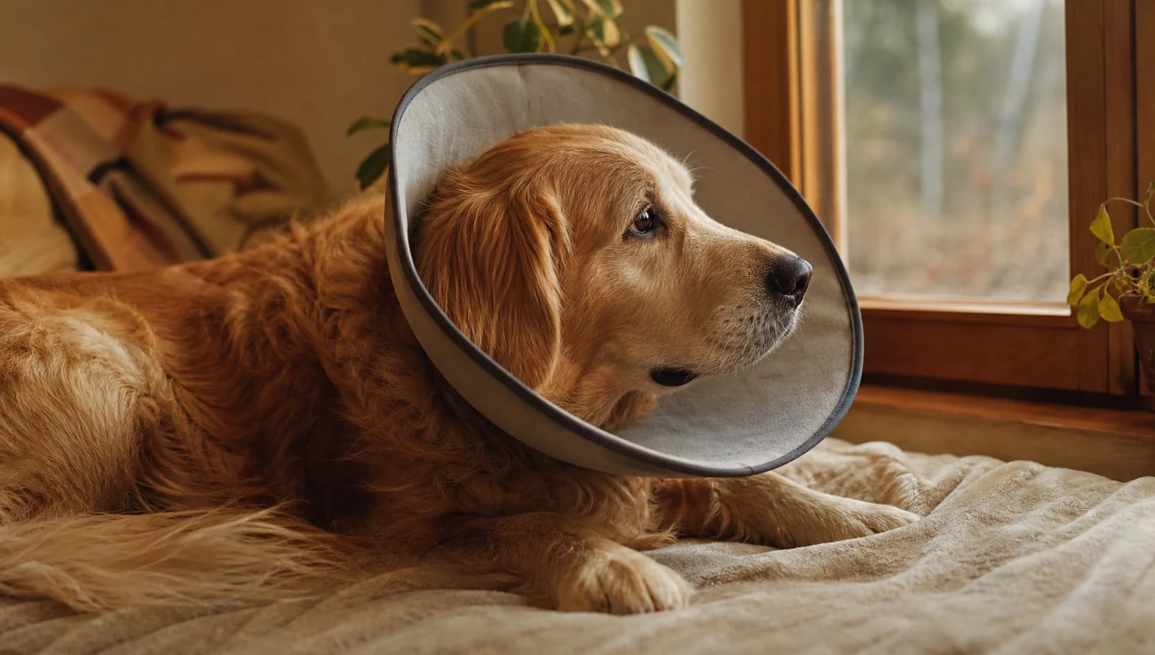 Hund vilar hemma med mjuk krage efter ögonoperation.