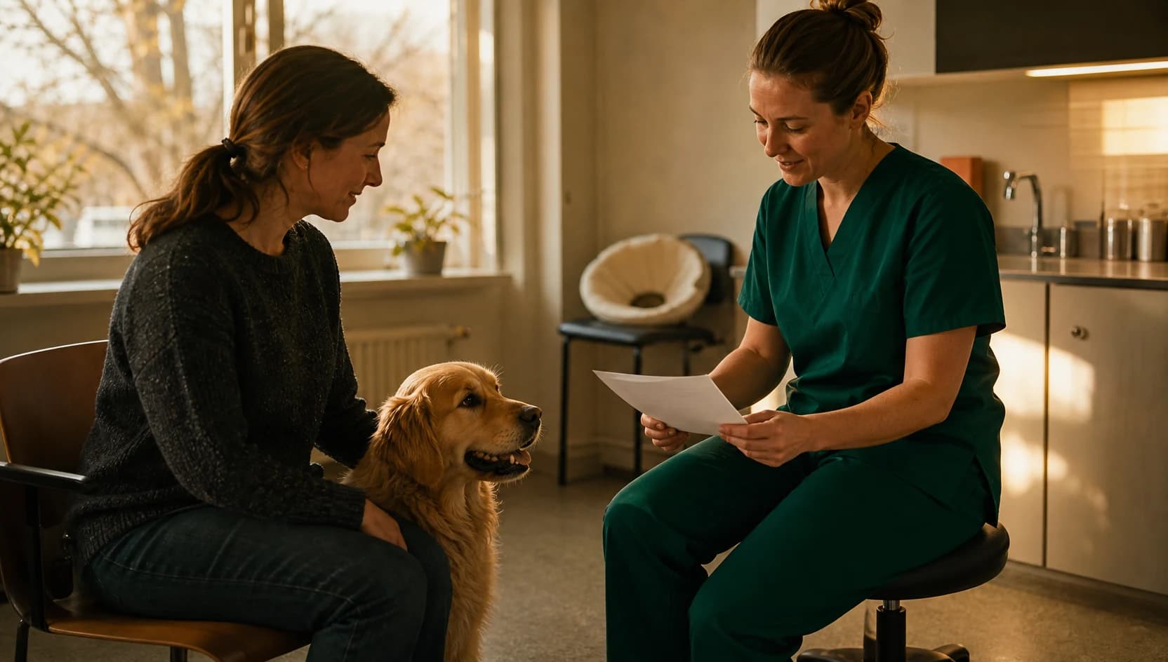 Veterinär i mörkgröna skrubbar förklarar pris för ögonoperation hos hund.
