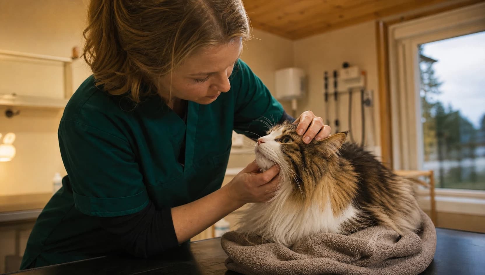 Veterinär undersöker kattens öga varsamt i varm svensk klinikmiljö.