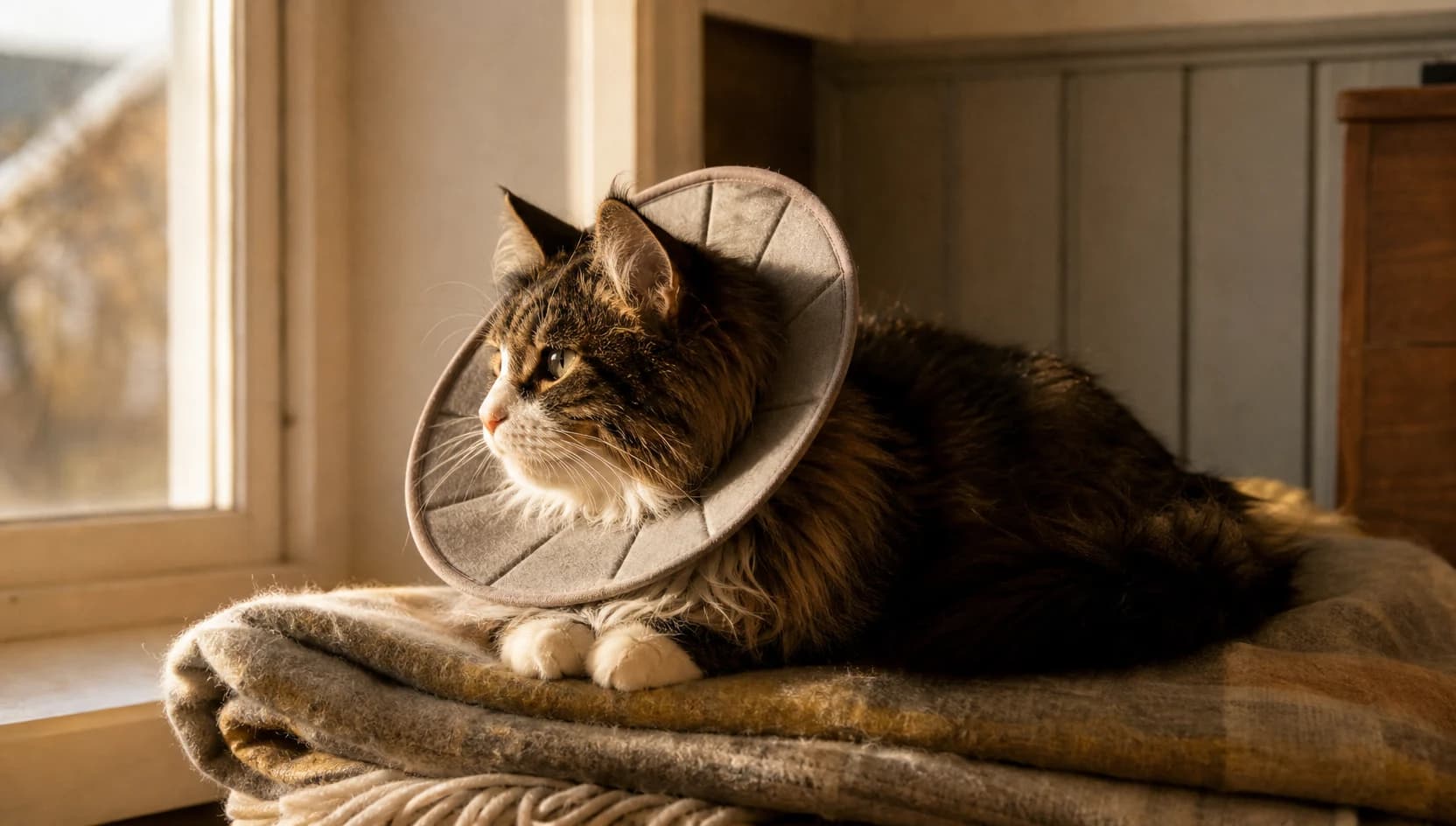 Katt vilar hemma med mjuk krage efter ögonoperation.