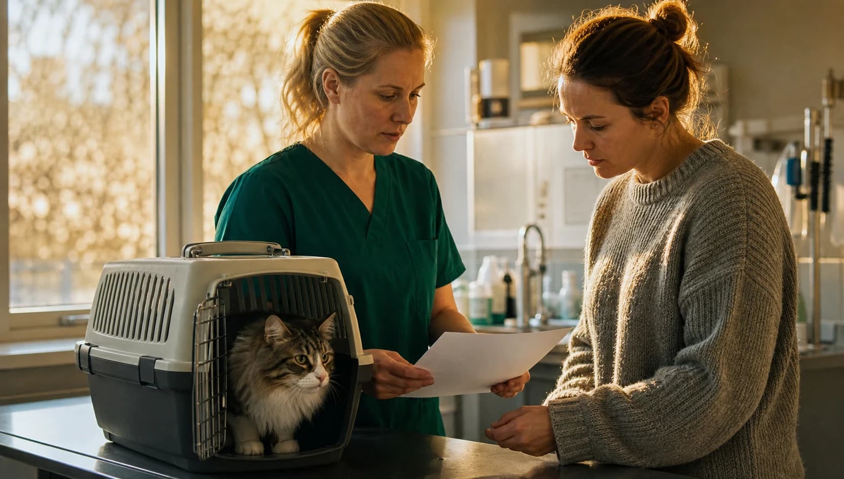 Veterinär i mörkgröna skrubbar förklarar pris för ögonoperation hos katt.