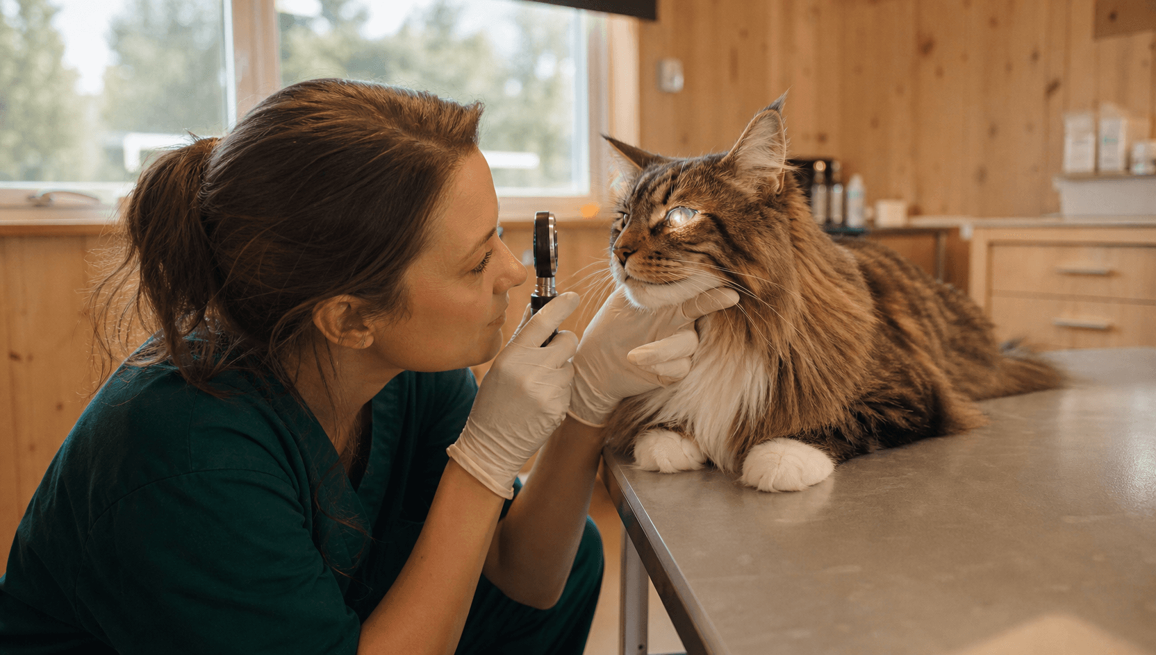 Ögonundersökning — veterinär lyser med oftalmoskop på skogskattens hornhinna och iris