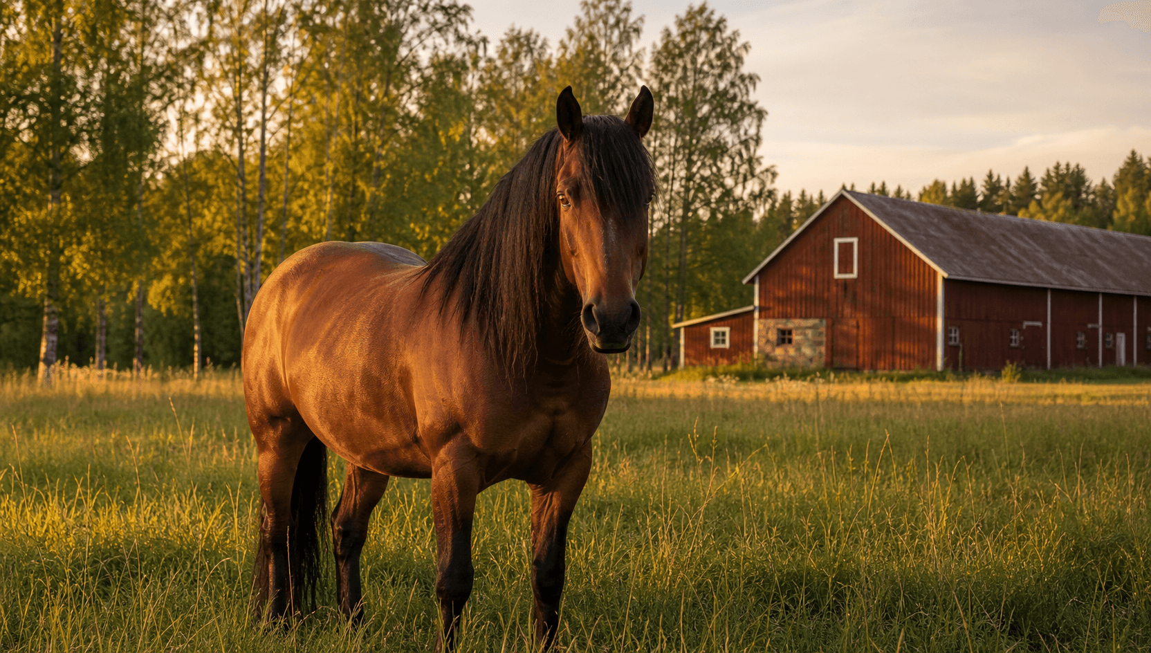 Frisk bay-häst på svensk sommarhage vid gyllene timmen med faluröd lada och björkar i bakgrunden