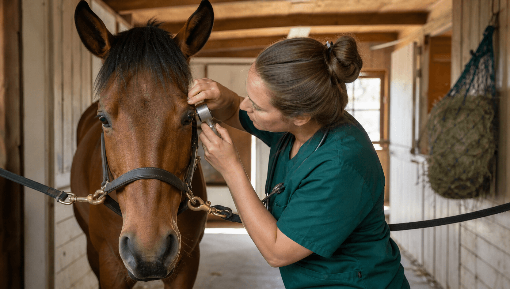 Ögonundersökning av bay-färgad häst i stallgång — veterinär lyser med oftalmoskop på hornhinna