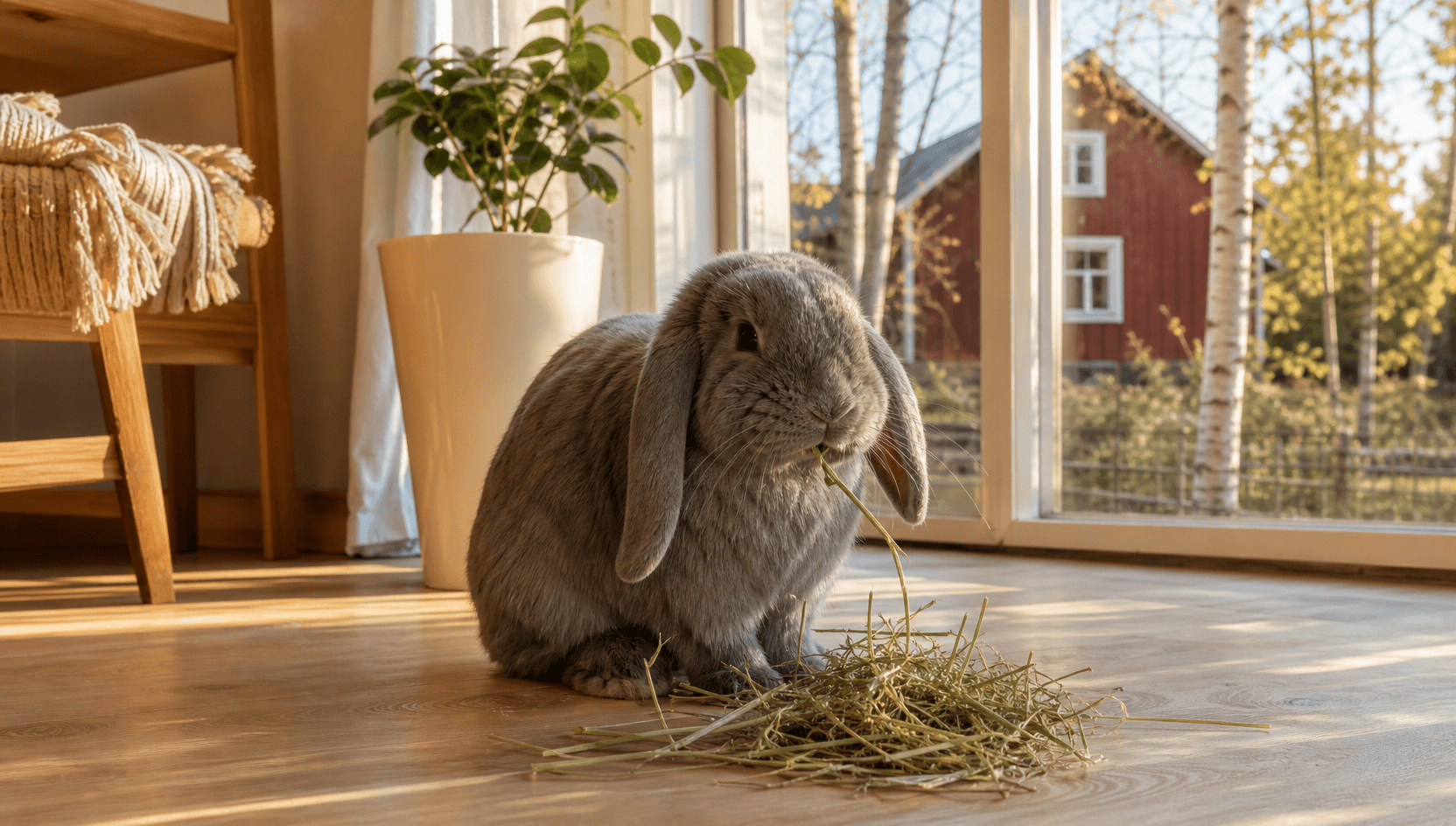 Frisk grå Holland Lop-kanin äter timotej i svenskt hem med falurött hus i bakgrunden