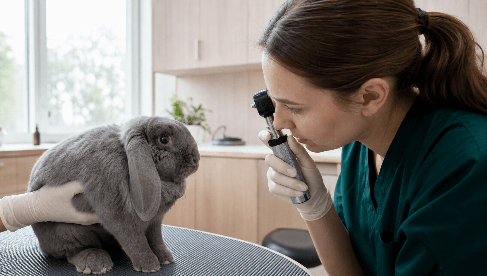 Ögonundersökning av Holland Lop-kanin med handhållet oftalmoskop hos veterinär