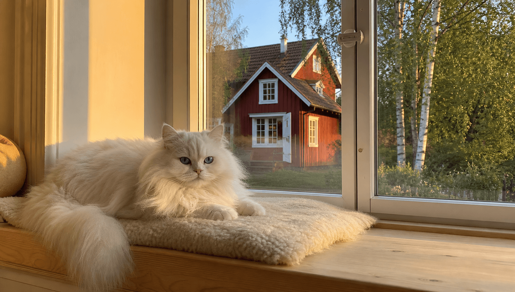 Frisk vit perser med isblå ögon vilar i svenskt hem med falurött hus i bakgrunden