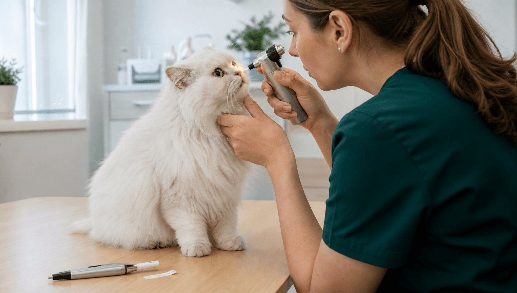 Ögonundersökning av vit perser — veterinär lyser med oftalmoskop på hornhinna och iris