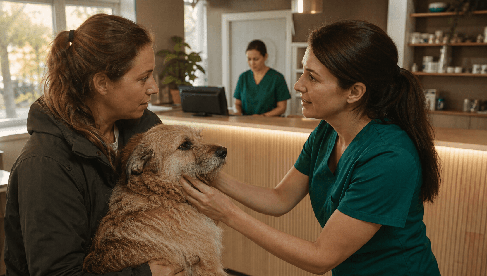 Veterinär i gröna scrubs bedömer hund och djurägare vid misstänkt ormbett.