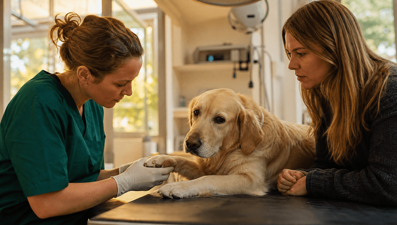 Veterinär kontrollerar hundens tass efter misstänkt huggormsbett.