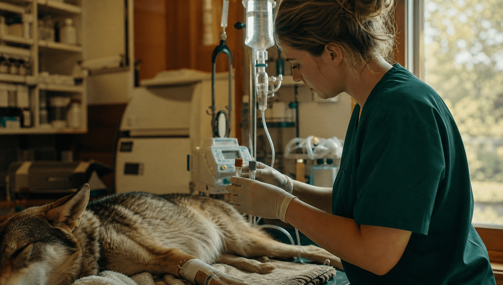 Veterinär övervakar katt med dropp efter misstänkt ormbett.