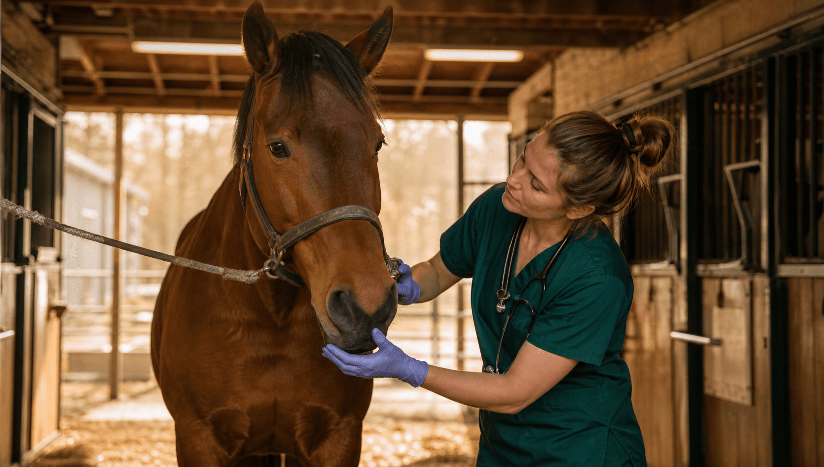 Veterinär kontrollerar hästens mule och andning efter huggormsbett.