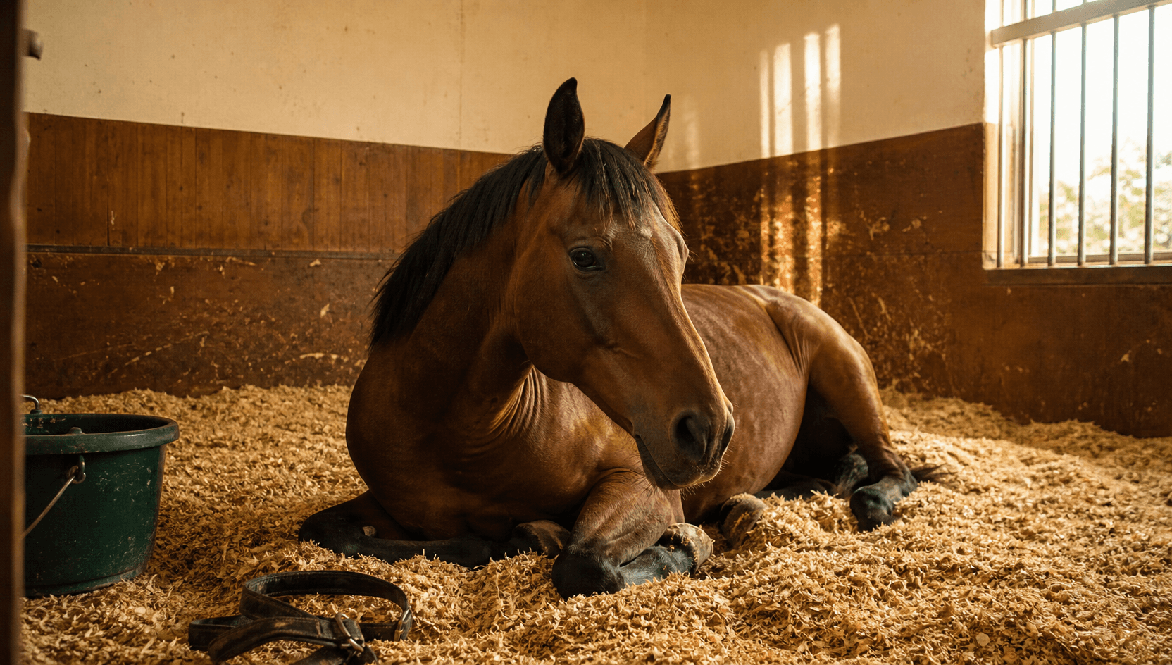 Svensk varmblodshäst vilar i box efter veterinärvård för huggormsbett.