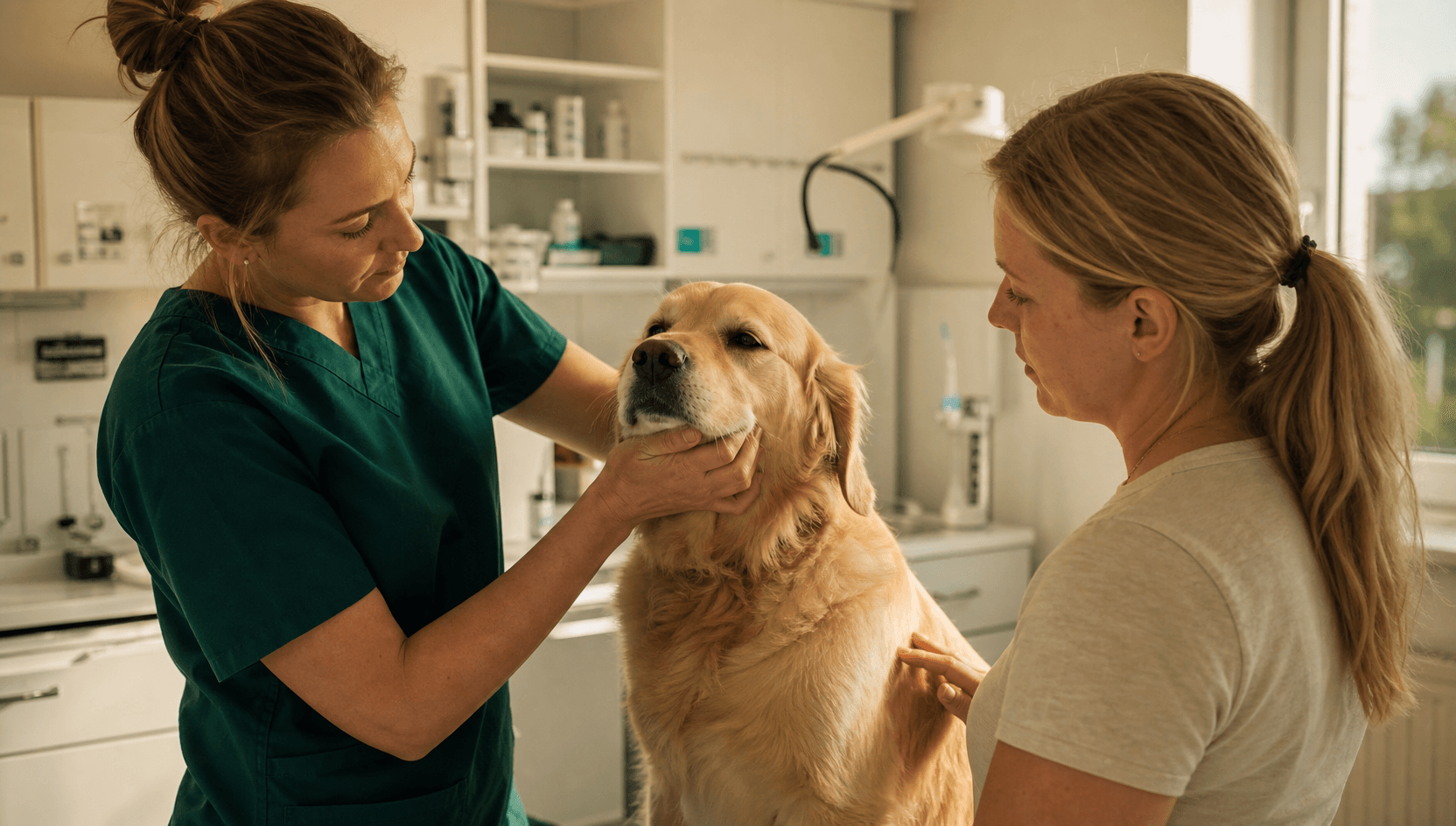 Veterinär undersöker golden retriever efter misstänkt ormbett hos hund.