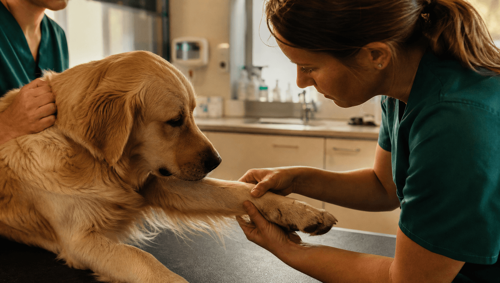 Veterinär kontrollerar hundens tass och ben efter huggormsbett.