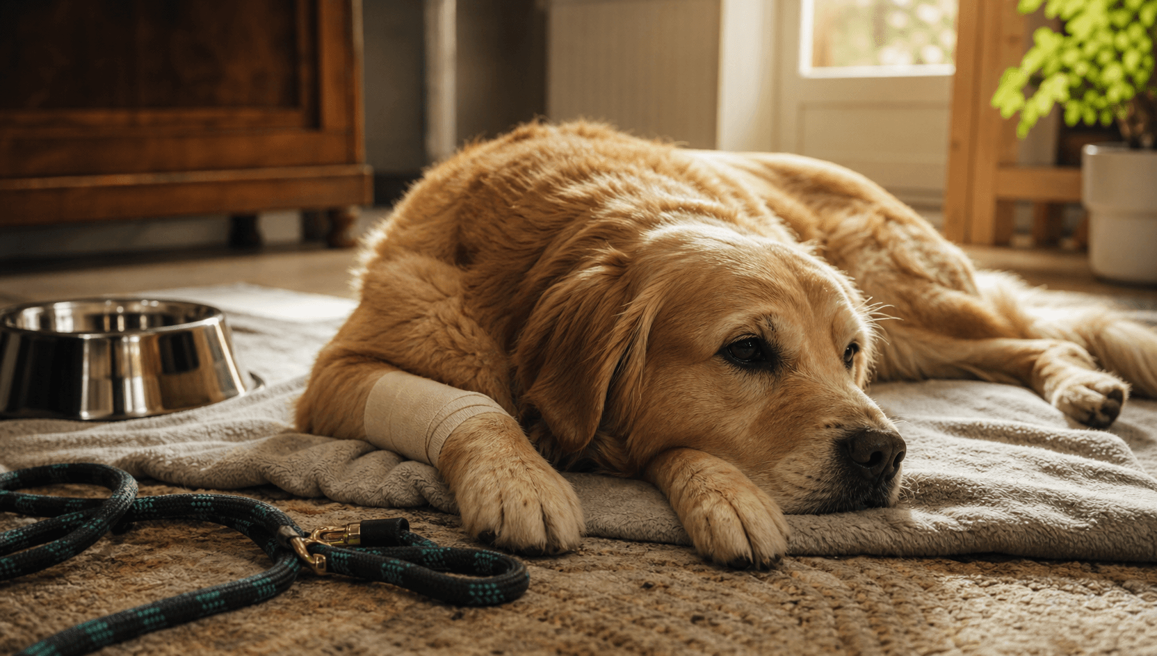 Golden retriever vilar hemma efter veterinärvård för ormbett.
