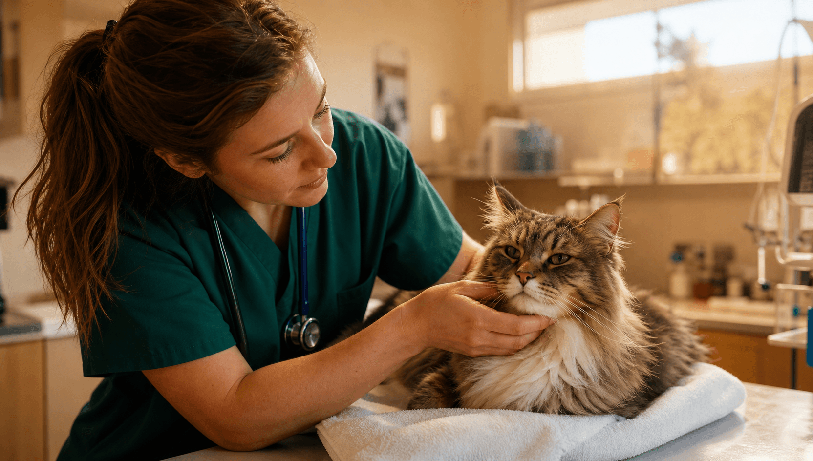 Veterinär undersöker skogskatt efter misstänkt ormbett hos katt.