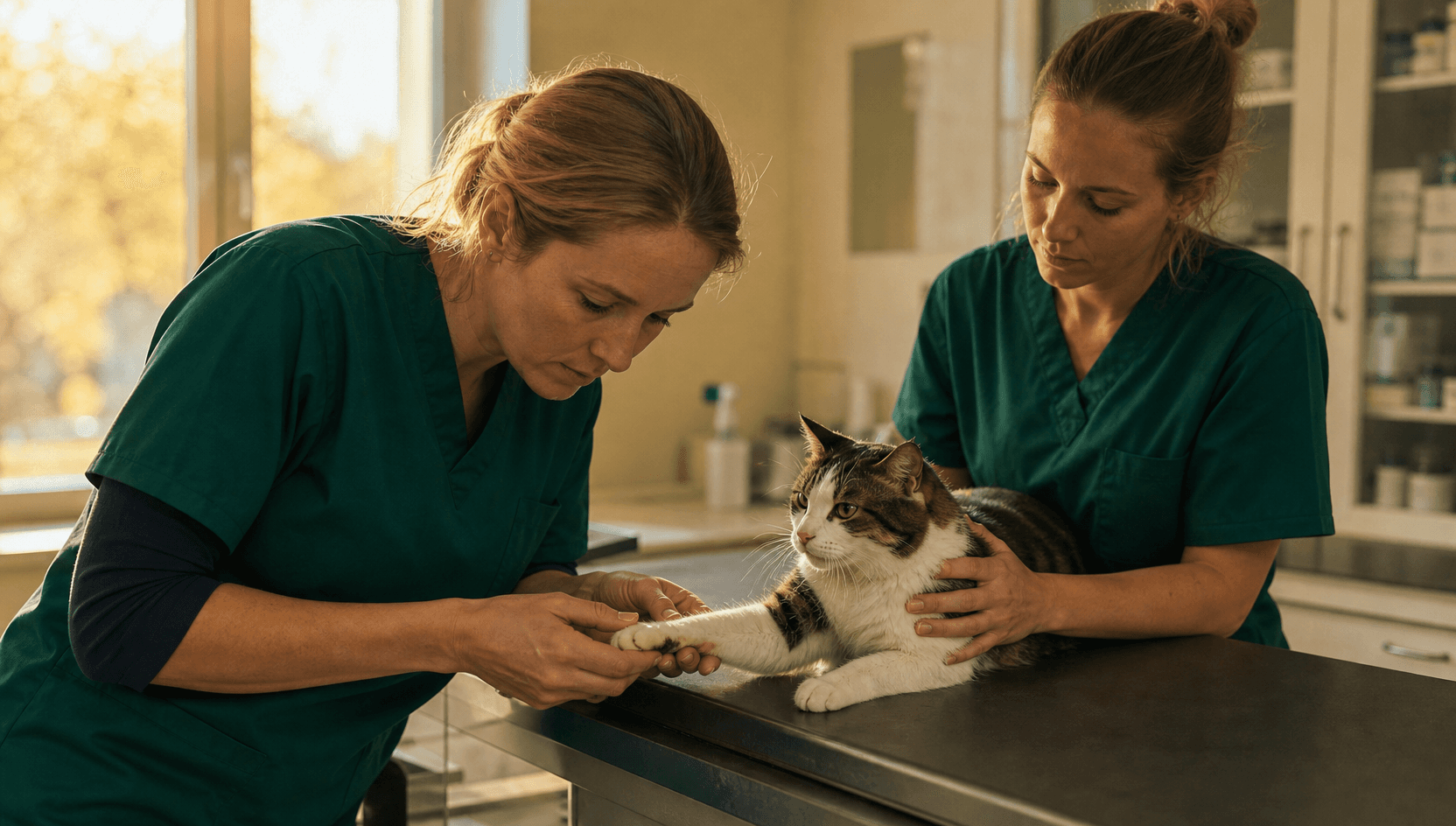 Veterinär kontrollerar kattens tass efter misstänkt huggormsbett.