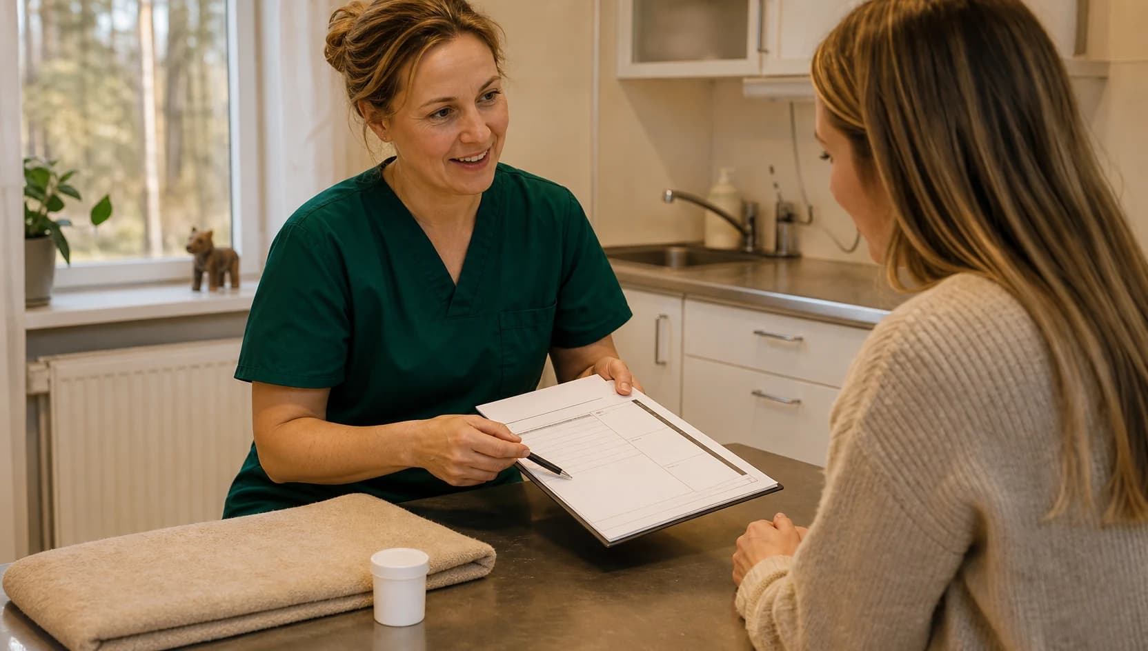 Veterinär i mörkgröna scrubs förklarar pris för öronbehandling.
