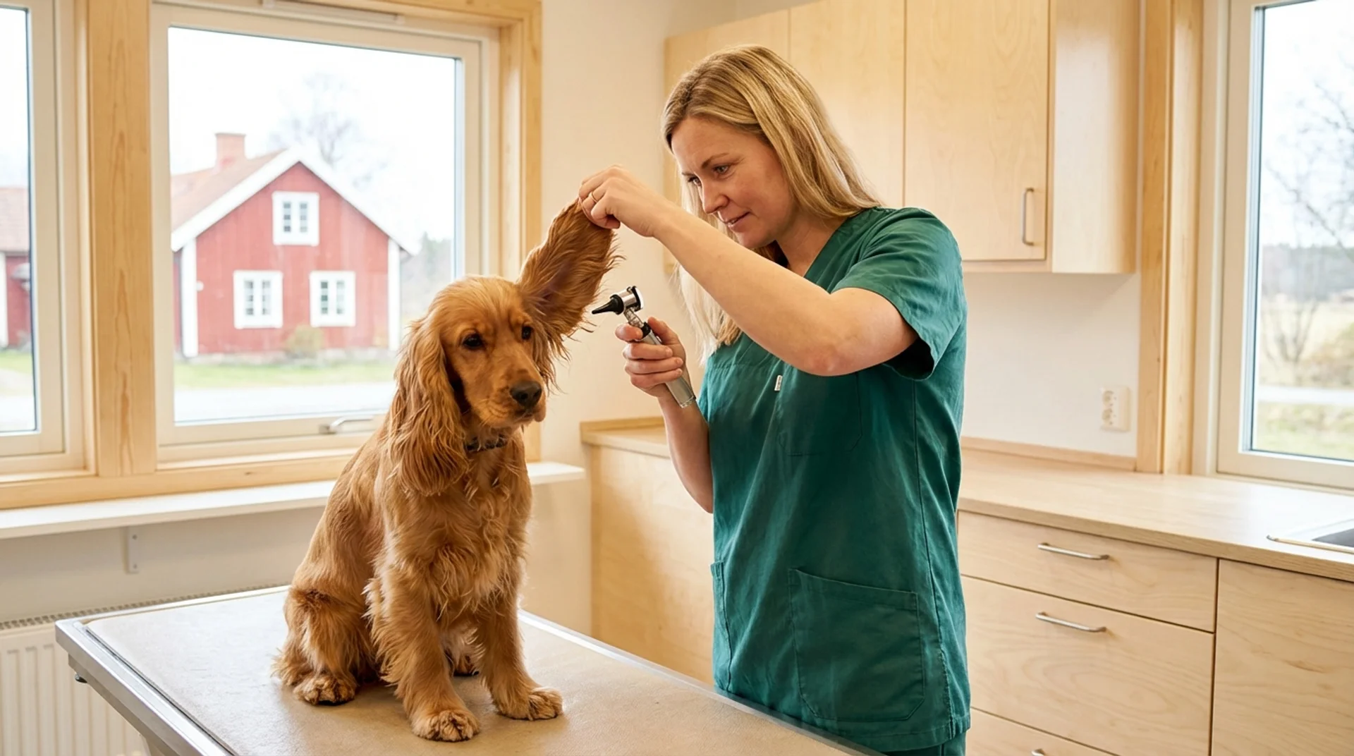 Öronbehandling av hund — veterinär undersöker örat med otoskop på cocker spaniel