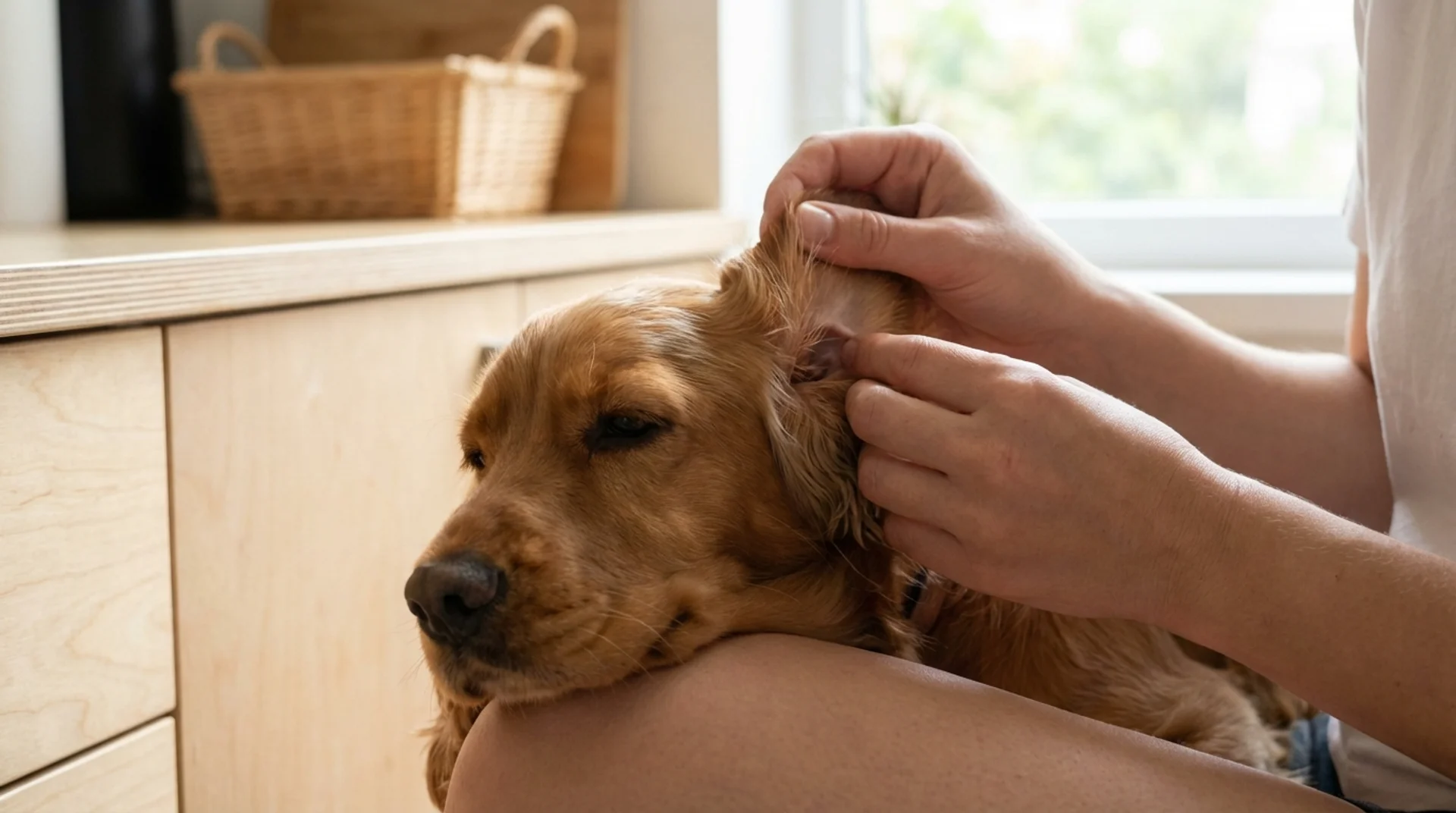 Öronbehandling av hund — ägare droppar öron-medicin i cocker spaniel hemma i köket