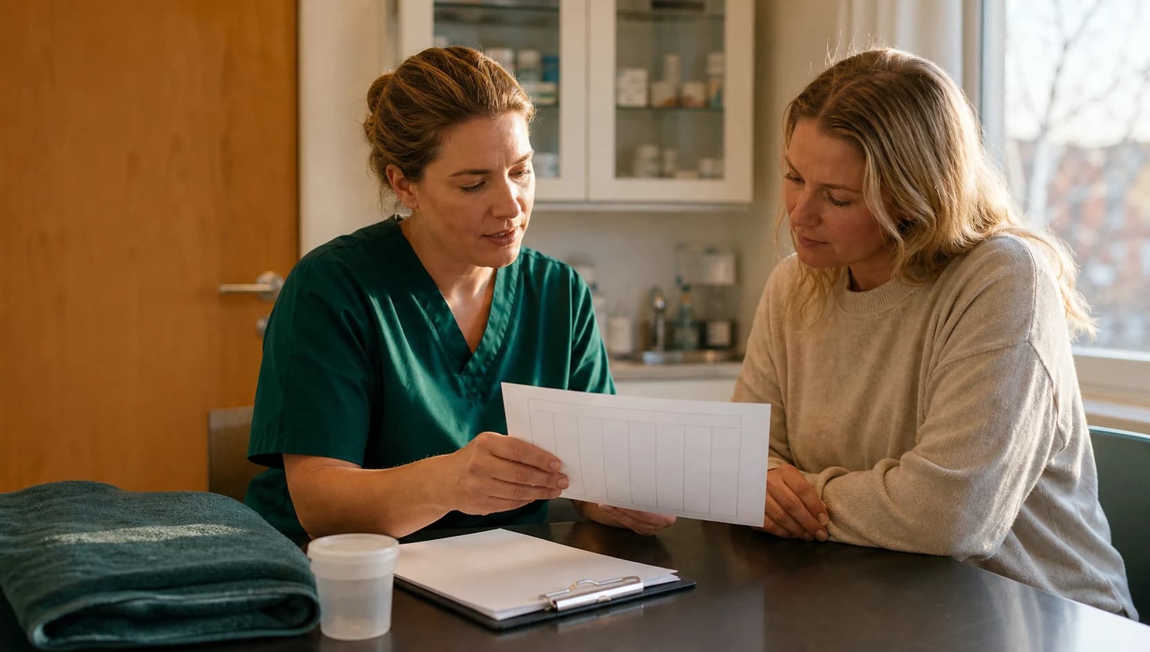 Veterinär i mörkgröna scrubs förklarar pris för öronbehandling hund.