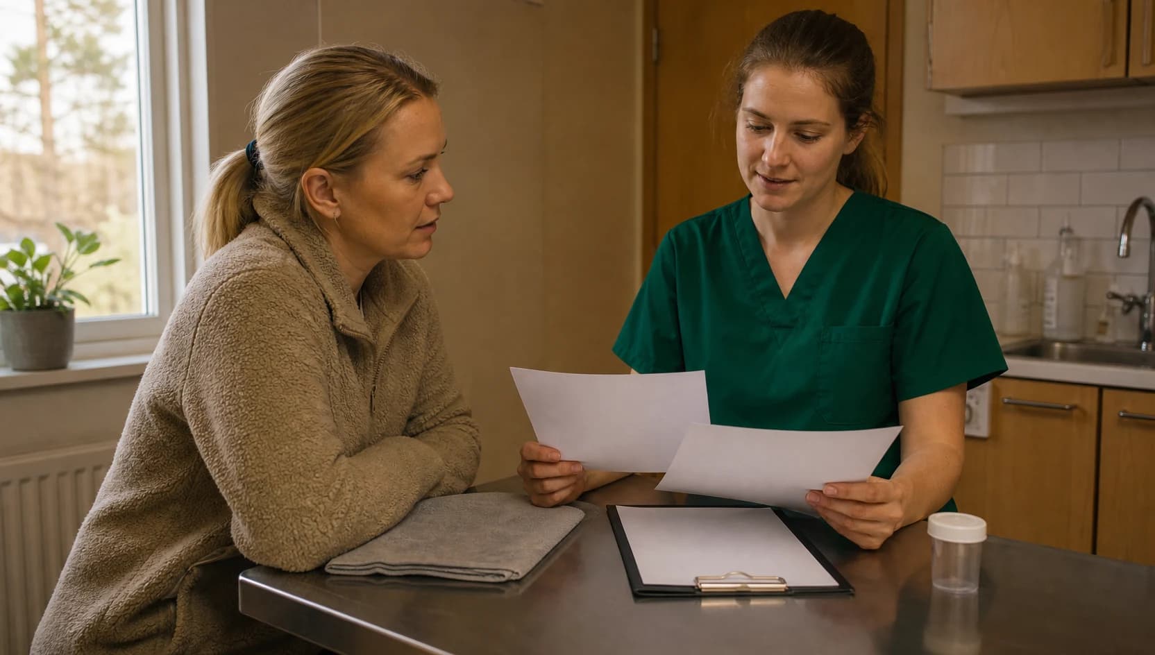 Veterinär i mörkgröna scrubs förklarar pris för öronbehandling kanin.
