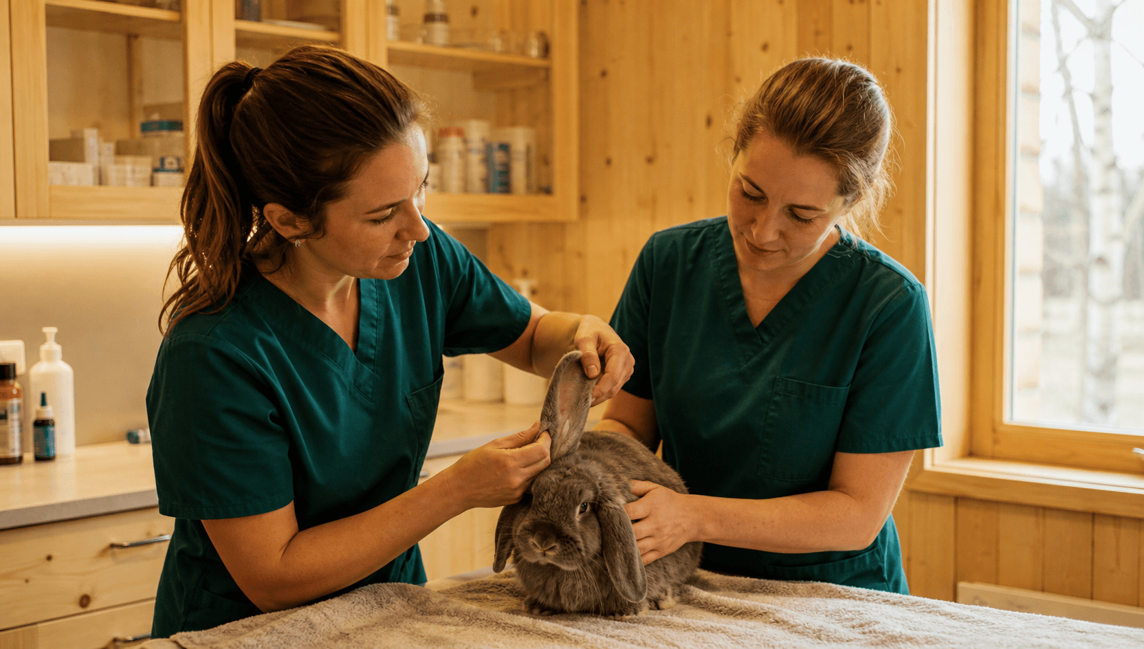 Två veterinärer i mörkgröna skrubbar undersöker örat på en lugn grå Holland Lop-kanin på undersökningsbordet i en svensk klinik med björkträinredning.