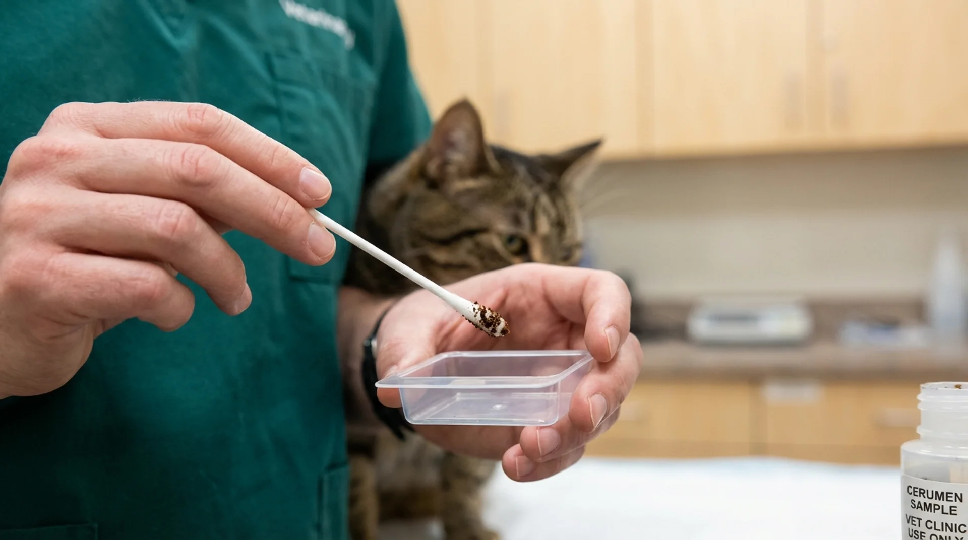 Öronbehandling av katt — veterinär tar cerumen-prov för att kontrollera öronkvalster hos tabby