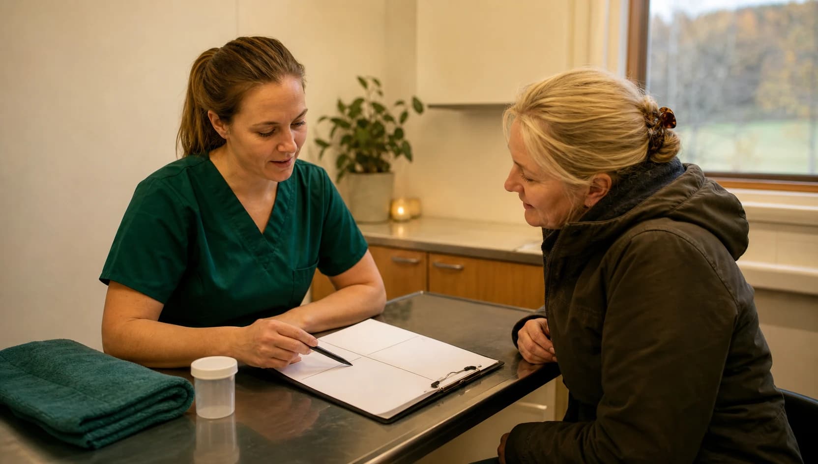 Veterinär i mörkgröna scrubs förklarar pris för öronbehandling katt.