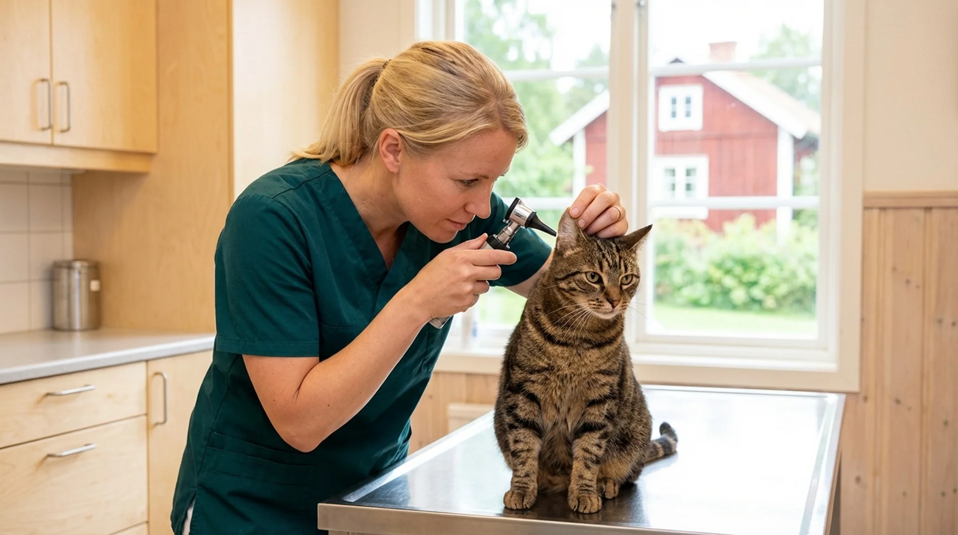 Öronbehandling av tabby-katt — veterinär undersöker örat med otoskop på svensk klinik