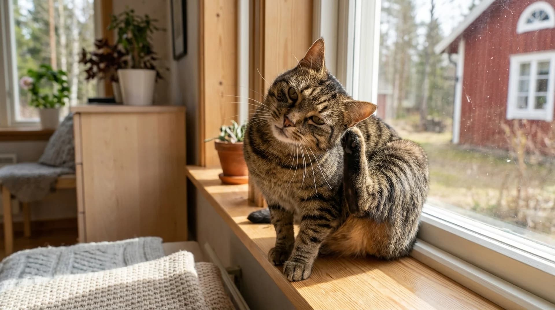Symtom på öronproblem — tabby-katt kliar intensivt bakom örat