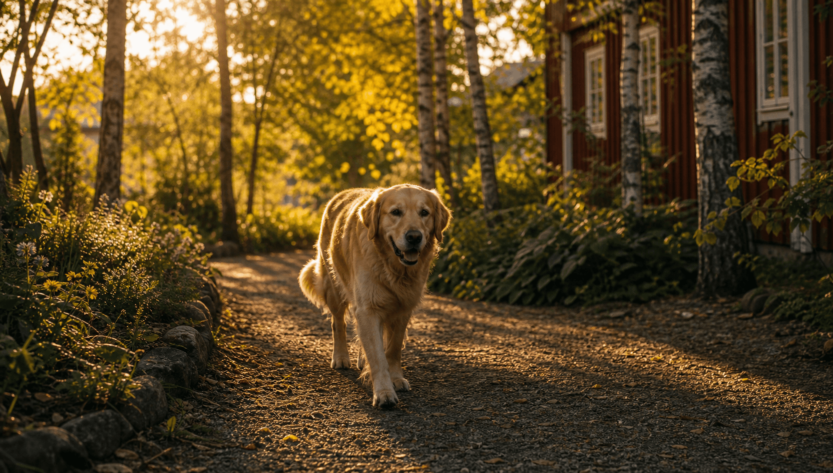 Glad gul golden retriever promenerar lugnt ensam på en grusig svensk landsväg med en falurött hus och björkträd i bakgrunden i gyllene timme.