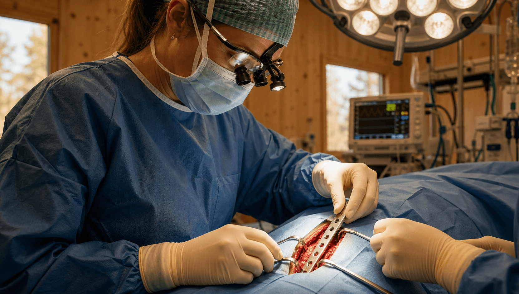 Veterinär-kirurg i sterilt blått draperi och tandförstoringsglas placerar en titanplatta i ett fenestrerat operationsfönster i en svensk operationssal — patienten är helt täckt utom det lilla operationsfältet.