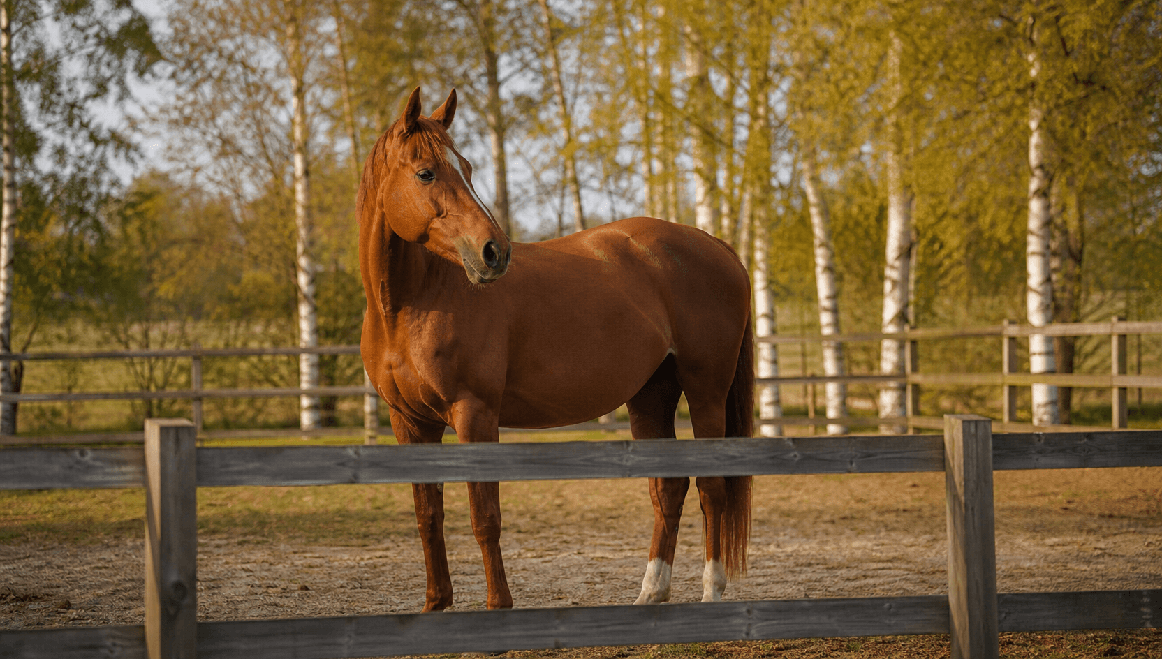 Lugn fux svensk varmblodshäst står ensam uppmärksam i en svensk paddock med trästaket och björkträd i bakgrunden i mjukt eftermiddagsljus, utan synliga bandage.