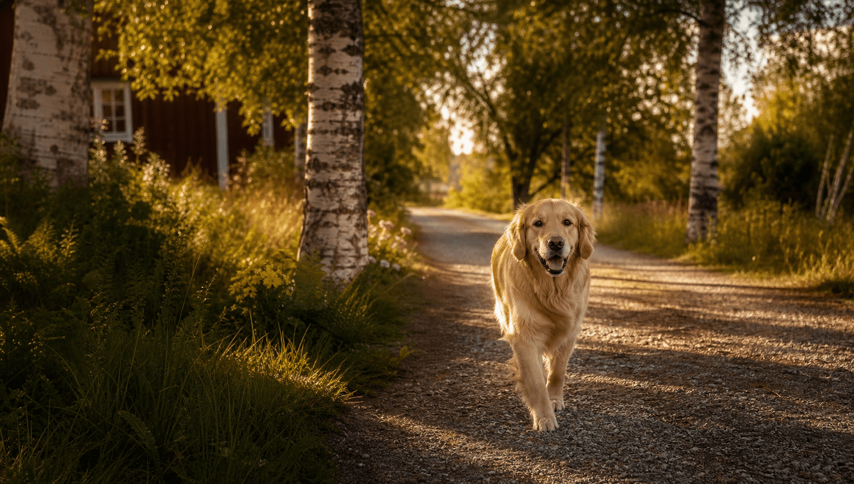 Glad golden retriever promenerar lugnt ensam längs en soldränkt grusig svensk landsväg i gyllene timme — bilden av en hund som återhämtat sig fullt efter ortopedisk kirurgi.