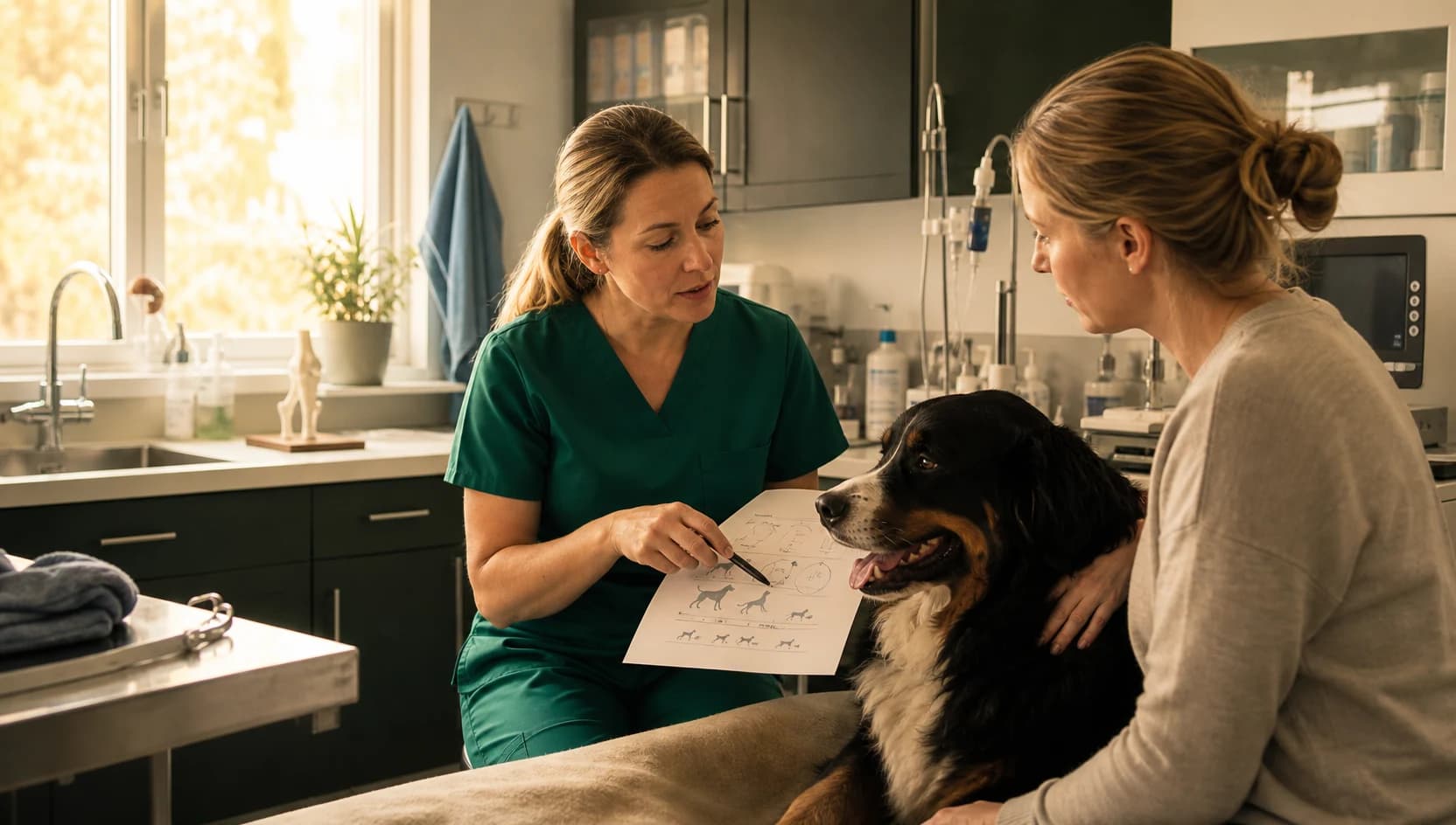 Veterinär i mörkgröna scrubs går igenom TPLO, patella och höftledsoperation med hundägare.