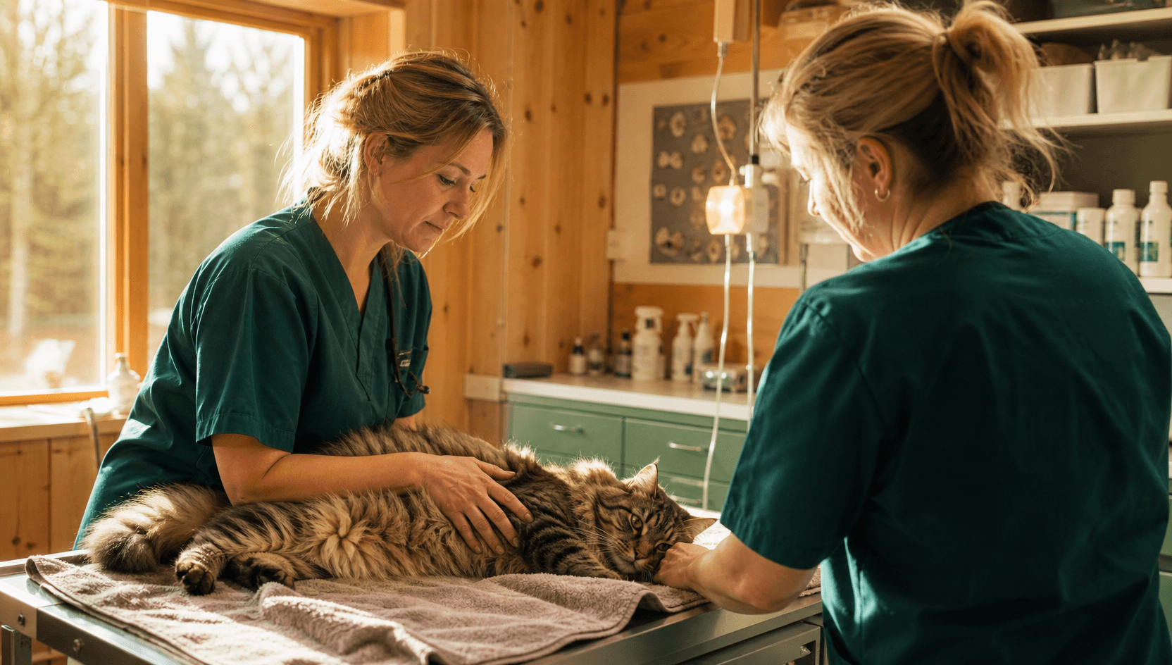 Två veterinärer i mörkgröna skrubbar undersöker försiktigt en lugn skogskatt på undersökningsbordet i en svensk klinik med björkträinredning.