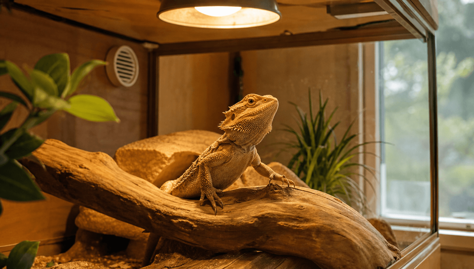 Lugn skäggagam står på en böjd träkvist inuti ett terrarium i ett svenskt hem, huvudet höjt med ena framtassen lyft i mjuk rörelse, varmt solljus uppifrån.