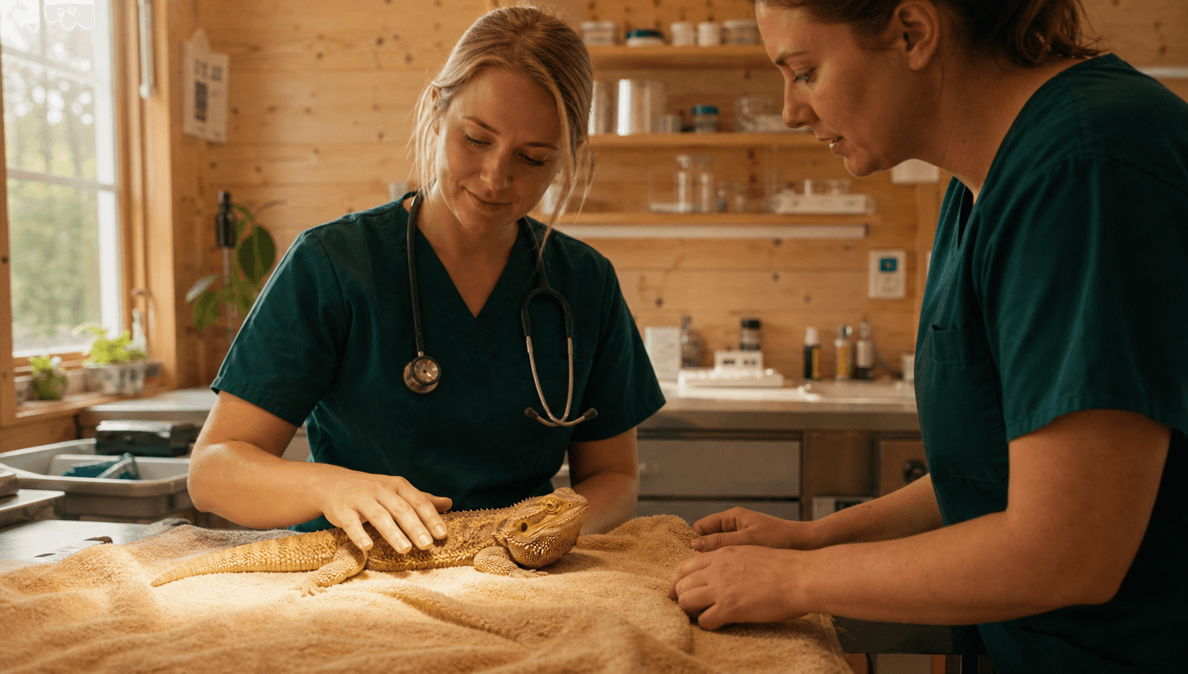 Två veterinärer i mörkgröna skrubbar undersöker lugnt en skäggagam på en mjuk handduk på undersökningsbordet i en svensk klinik med björkträinredning.