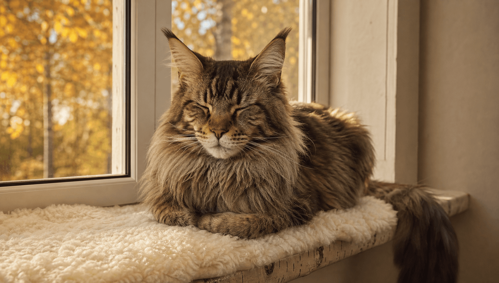 Maine Coon vilar avslappnad i tasstuckad loaf på en mjuk gräddvit ullpläd på en björkfönsterbänk i ett svenskt hem — bilden av en katt som mår bra efter sin radiojodbehandling.