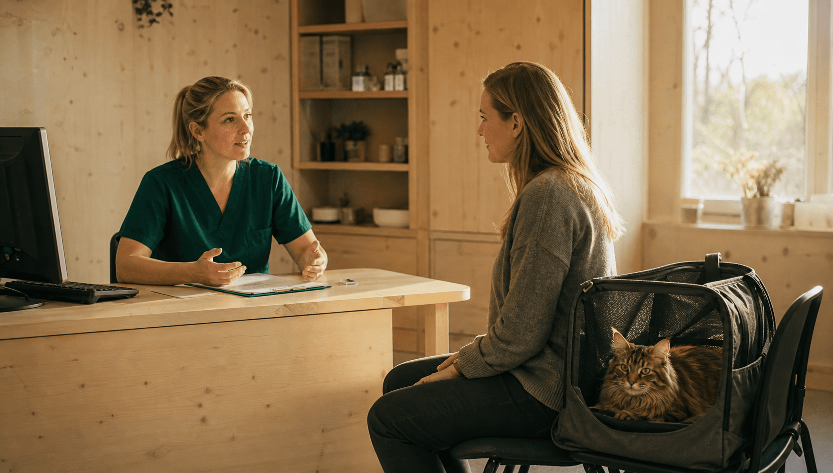 Veterinär i mörkgröna skrubbar pratar lugnt igenom behandlingsplanen med en kattägare vid ett björkträsskrivbord; en avslappnad Maine Coon vilar i en mjuk transportväska bredvid.