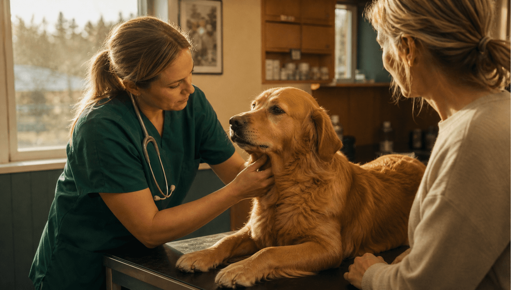 Veterinär undersöker hund innan recept när nya symtom behöver bedömas.