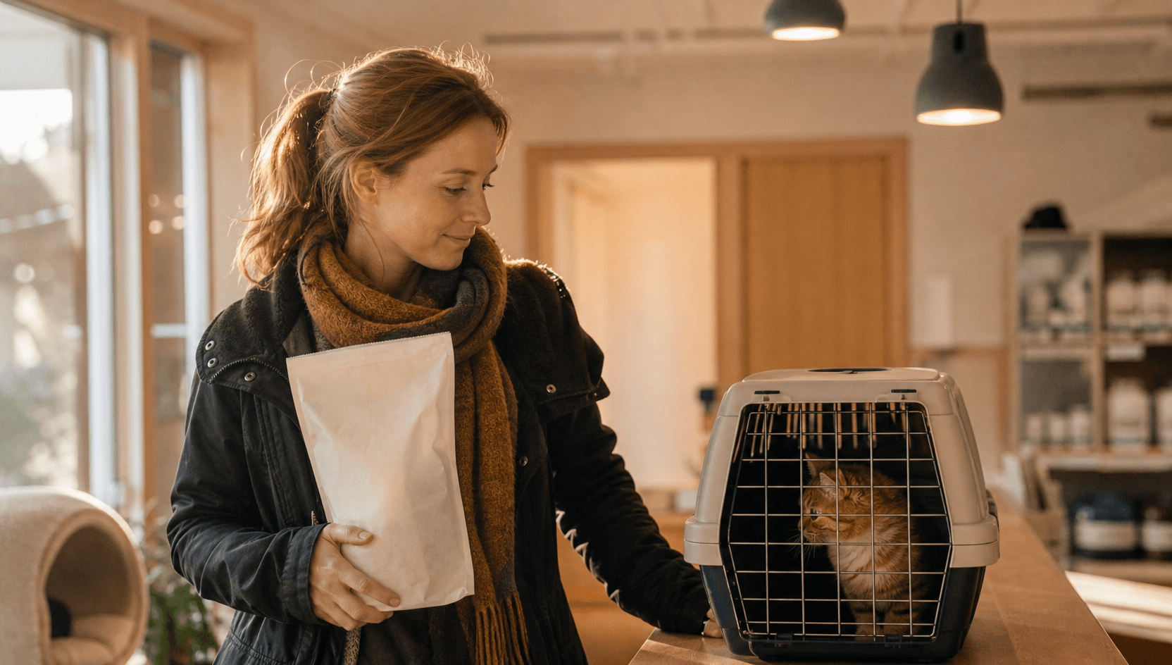 Djurägare hämtar receptbelagd medicin med katt i transportbur.